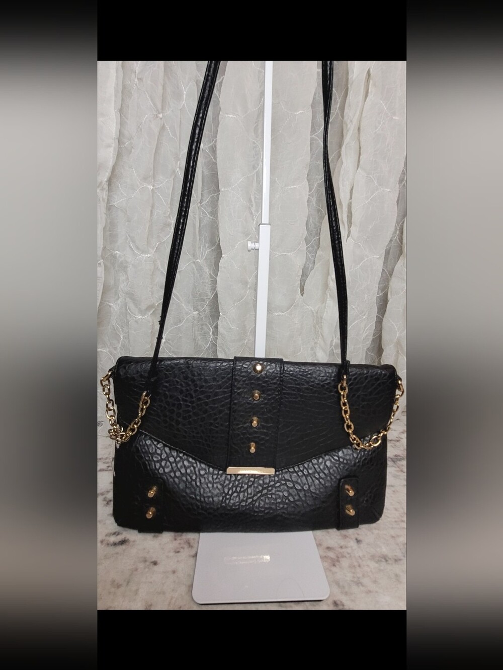 Black Faux Snakeskin Gold Studded Chain Crossbody Clutch Shoulder Bag